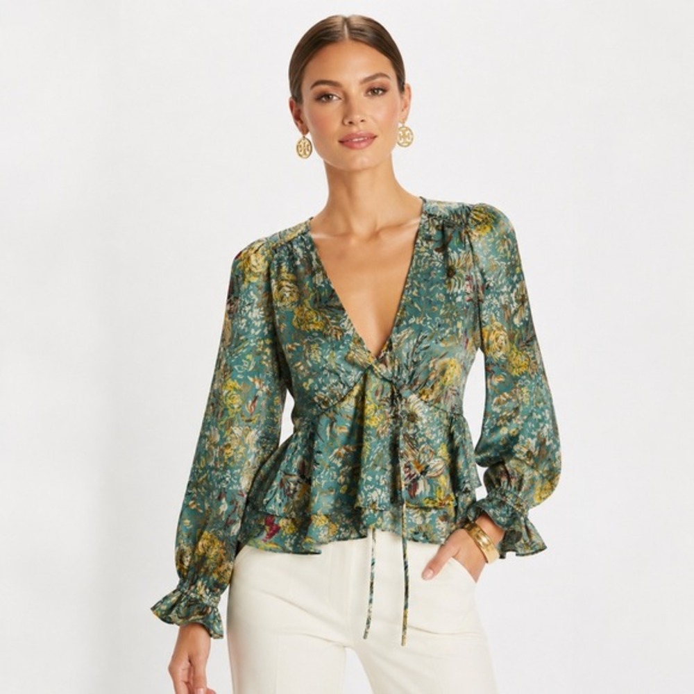 Skies Are Blue Teal Floral Satin Tie Front Peplum Blouse‎ Size S NWT